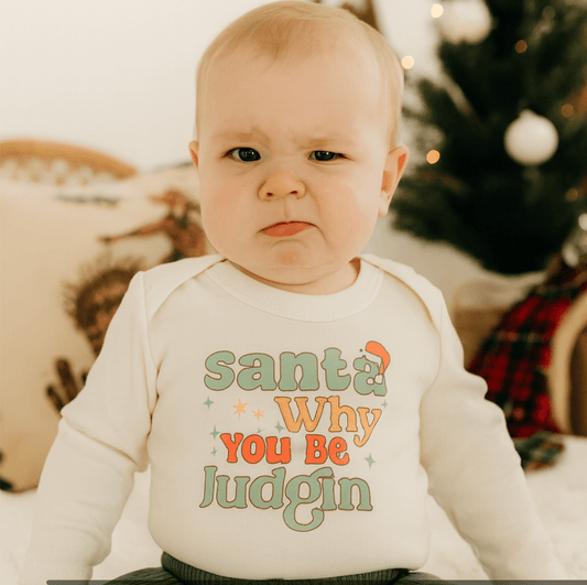 Baby long sleeve graphic bodysuit | why be judgin finn + emma