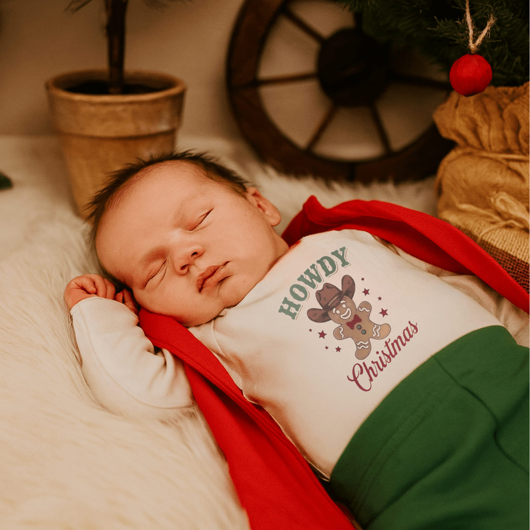 Baby long sleeve graphic bodysuit | howdy gingerbread christmas finn + emma