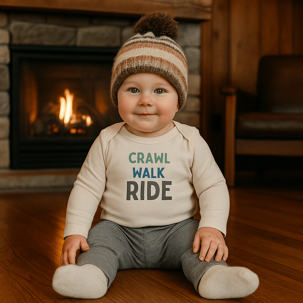 Baby long sleeve graphic bodysuit | crawl walk ride finn + emma