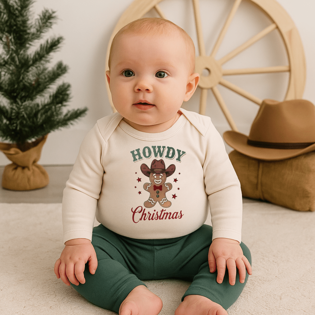 Baby long sleeve graphic bodysuit | howdy gingerbread christmas finn + emma